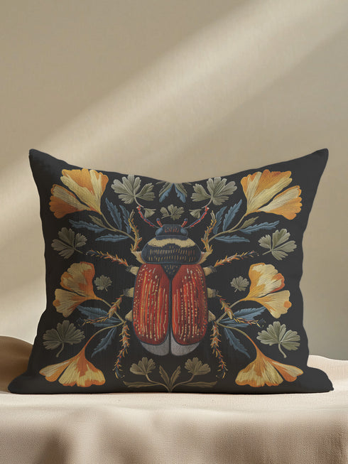 Luxury black pillowcase featuring a detailed scarab beetle with vibrant red-orange wings and dark thorax, surrounded by symmetrical golden ginkgo leaves and blue-green foliage. The intricate entomology artwork creates a striking focal point with scientific precision and artistic flair.